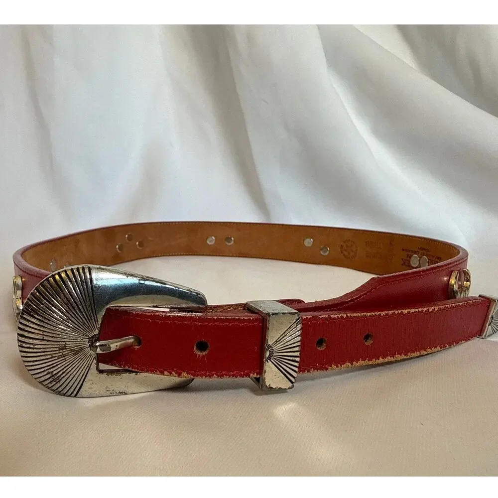 Vintage Silver Creek Collection Southwestern Concho Belt – Red Leather – Size 32